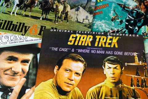 Viersen, Germany - 3. January 2020: Close up of old movie soundtrack vinyl record album covers with focus on Star Trek