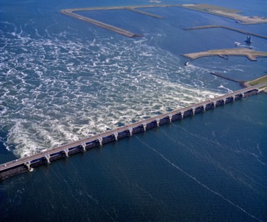 Deltawerken, Holland, May 27  - 1990: Historical aerial photo of the Deltawerken, one of the Seven Wonders of the Modern World, in Zuid Holland and Ze