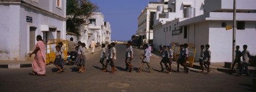 School children crossing the road, Pondicherry, India