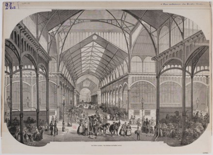 INSIDE VIEW PAVILION CENTRAL HALLS BH Cie / Provost. "Vue intérieure du pavillon central des Halles". Bois de presse gravé. Paris, Musée Carnavalet.