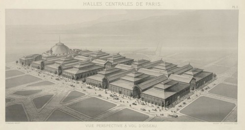 Halles centrales de Paris - vue perspective à vol d'oiseau - V. Baltard, Archte ; Huguet et Outhwaite, Gravr.