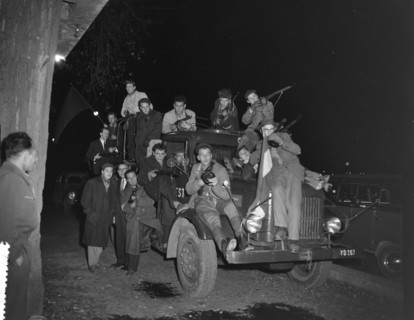 Last photos from Budapest. Resistance fighters with truck on patrol at night, November 2, 1956, trucks, The Netherlands, 20th century press agency photo, news to remember, documentary, historic photog...