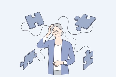 Alzheimer illness disease patients concept. Senior mature woman cartoon character suffering from brain disease and memory loss standing with puzzles f