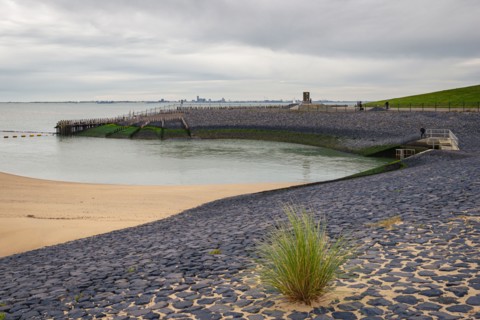 Memorial Delta Works (Dutch: Deltawerken) at the beach near the small town of Breskens in province of Zeeland, Netherlands