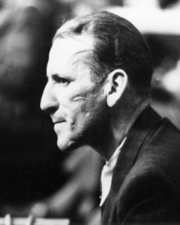 Close-up portrait of Nuremberg defendant, SS Lieutenant General Ernst Kaltenbrunner. Kaltenbrunner was a committed Nazi and a major player in the Holocaust. He was convicted at the Nuremburg trials an...