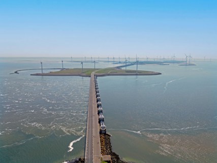 Aerial from the Oosterschelde storm surge barrier in Zeeland the Netherlands