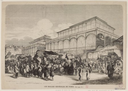 A market scene in front of the Central Halles Pavillon de Baltard, featuring a Cocos merchant, a Badaud, and a palisade. Key elements like the rag and facade add to the historical Parisian setting.