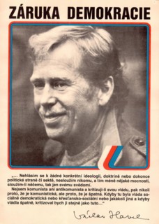 Democracy Assured - Václav Havel "?????? ??????????" A portrait of Václav Havel with a quote about not adhering to a specific ideology. The style is a simple and direct presentation, with a focus on t...