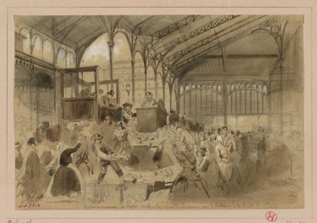 Prévost-Dumarchais, Hippolyte Adrien Démetrius (or Provost-Dumarchais), sale at the auction to the Halles (dummy title), 1870. Lead mine, wash, rehabet of watercolor. Carnavalet museum, history of Par...