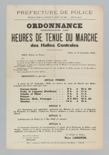 Imprimerie Chaix, Prefecture of Police/ Direction of Hygiene, Child Protection of Children and Work - Halles Service/ Order/ Regarding/ Hours of Halles Central Halles (Registered title (Letter), 1940....