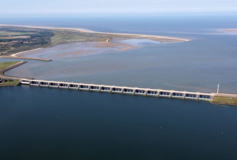 Haringvlietdam as part of the Delta Works, aerial view, Netherlands