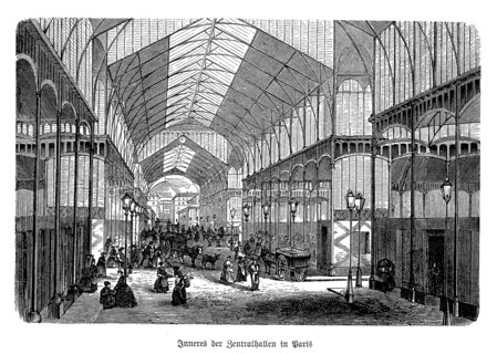 This captivating 19th-century black and white engraving portrays Les Halles Baltard in Paris, the famed central market designed by architect Victor Baltard. The artwork intricately depicts the archite...