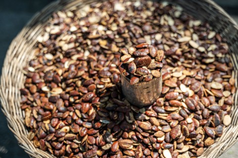 A close-up image captured in Vietnam displaying a variety of freshly harvested cocoa beans, heaped in a rustic woven basket, with a small container ov