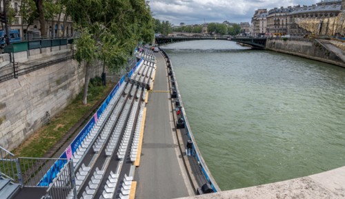 Paris, France - 07 23 2024: Olympic Games Paris 2024. View the quayside of the Seine with the estrades for the opening ceremony of the Olympics