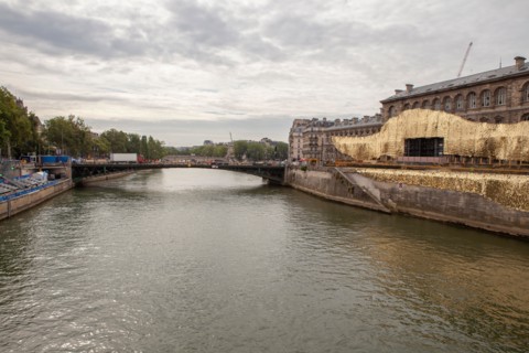 Preparation of the opening ceremony of the Paris 2024 Olympic Games in front of the Hotel Dieu hospital where there will be a dance show on a body of