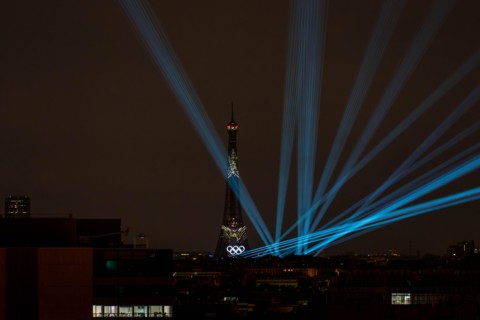 Paris, France - July 25, 2024: Eiffel tower light Rehearsal for Olympic Opening Ceremony