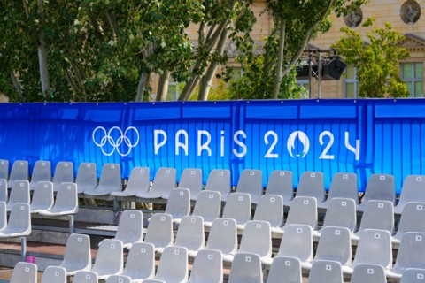Bleachers installed on the quay of the Seine river for the public attending the Opening Ceremony of the Paris 2024 sum