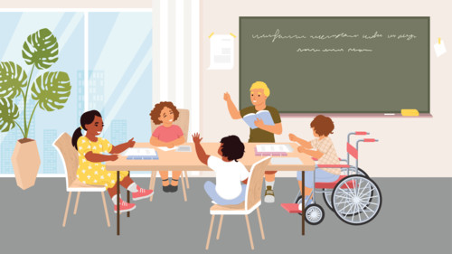 Kids group learning class at library or school classroom