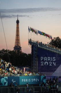 The Eiffel Tower in the background of the Opening Ceremony for the Paris Paralympics 2024, Wednesday, August 28, 2024, at the Place de la Concorde, in
