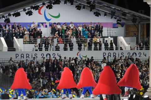 Performers dressed as the ‘Les Phryges’ mascot on stage during the opening Ceremony of the Paris 2024 Paralympic Games, at Place de la Concorde.  Para athletes from 168 delegations paraded around the ...