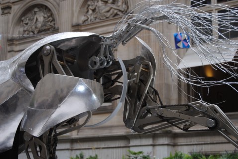 Paris, France - September 03 2024: "Zeus," the metal horse from the Paris 2024 Olympics Opening Ceremony, exhibited at the Hôtel de Ville.