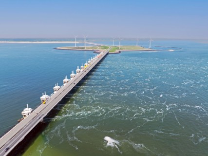 Aerial from the Oosterschelde storm surge barrier in Zeeland the Netherlands