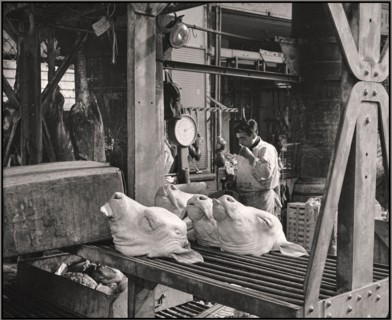 Vintage 1965 Paris Meat Market with pigs heads on display Van de Poll Street life in Paris Meat trade in Les Halles the central (partially covered) wholesale market of Paris was located on the market ...
