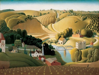 Painting of Stone City, Iowa, created in 1930 by American artist Grant Wood, depicting a rural landscape with stylized hills and buildings.