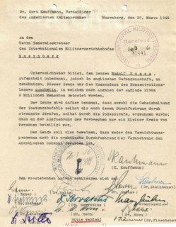 This document dated 25 March 1946 is a formal request for approval of Rudolf Höß as a witness in proceedings before the International Military Tribunal in Nuremberg. It outlines procedural steps, veri...