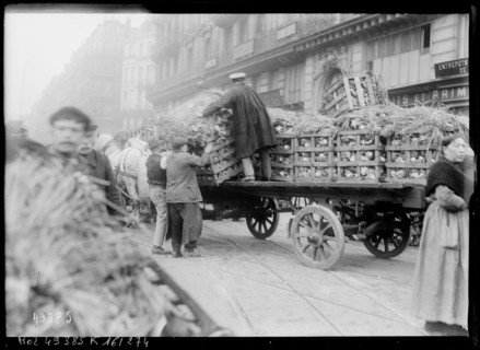 At Les Halles district in Paris in 1917, commercial activity continues during World War I. The press photograph by Agence Rol records the market area and urban provisioning functions associated with t...