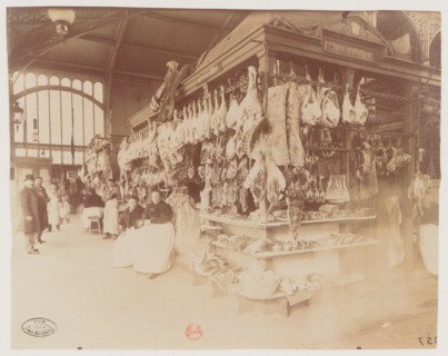 Les Halles, Paris, interior view of a butcher's shop, by Eugène Atget, a French photographer, between 1898 and 1924.