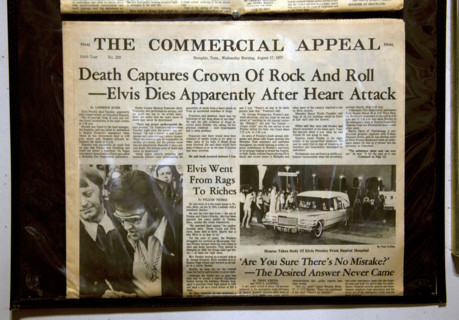 The Commercial Appeal newspaper front page on the day that Elvis Presley died on display at Sun Studios in Memphis