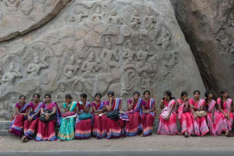 School Girls In Front Of Rock With Carvings, Mamallapuram (Mahabalipuram)