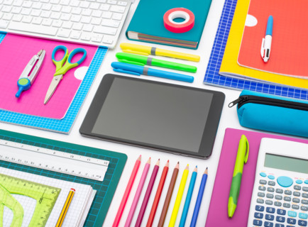 Back to school background header on white with digital tablet. Web design template.