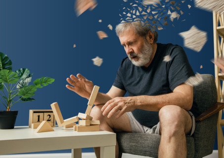 Drown image of losing of mind. Old bearded man with alzheimer desease has problems with his hands motor skills. Concept of illness, memory loss due to