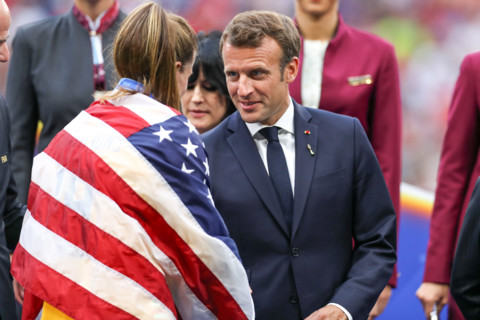 Lyon, France. 07th July, 2019. Emannuel Macron president of France the match between the United States and the Netherlands validated by the Final of the Women 's Soccer World Cup in Lyon in France on ...