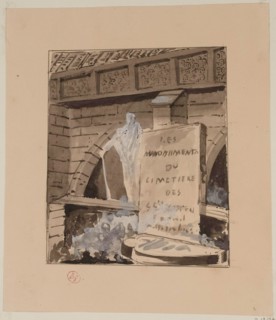 The monuments of the cemetery of the Holy Innocents, engraving on wood project.