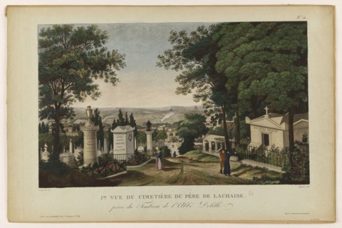 First view of Père-Lachaise cemetery taken from the tomb of Delille Guiguet et Courvoisier. "Première vue du cimetière du Père-Lachaise prise du tombeau de l'abbé Delille". Paris (XXème arr.). Eau-for...