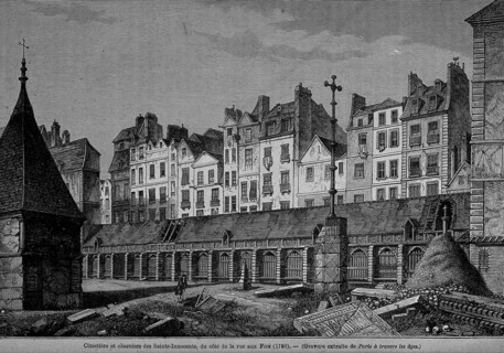 Cemetery of the Innocents in Paris. Wood engraving by F.L. Méaulle