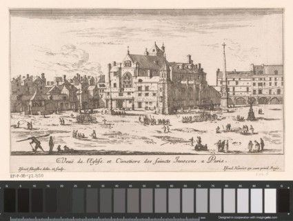 View of the Church and the cemetery of Saints Innocents, Israel Silvestre, 1650 print   paper etching landscape with other man-made constructions not mentioned above, e.g.: graveyards, playgrounds, et...