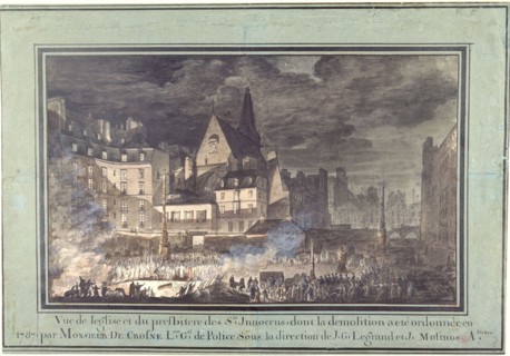 View of the church and the presbytery of the innocent saints, whose demolition was ordered in 1787 ". Drawing of Sobre. Paris, Carnavalet Museum. 25820-12 Demolition ordered, drawing, Church, crowd, n...