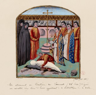 Nano, a burial in the innocent cemetery in the 15th century, according to a miniature of a book of hours. (Faithful title), 1886. Carnavalet Museum, History of Paris.