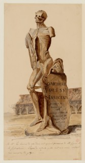 Lavalley, the cemetery of the Saints-Innocents, copy according to the drawings of Bernier. Skeleton with a cartridge. (Dummy title). Carnavalet museum, history of Paris.