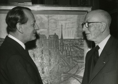 French painter Marcel Gromaire (right) shaking hands with Minister Andre Malraux, France 1959