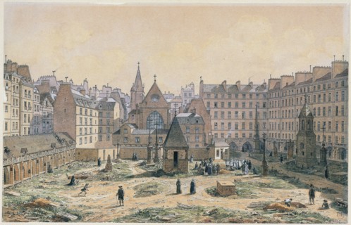 The Cemetery of the Innocents in 1750 (Retrospective Composition), Hoffbauer, Fedor, Draughtsman, Graphic Arts, Drawing, Drawing, Dimensions - Artwork: Height: 19.5 cm, Width: 30.5 cm, Dimensions - Mu...