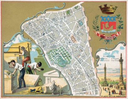This vibrant 1888 French chromolithograph map illustrates the Menilmontant district of Paris, featuring intricate street details and topographical elements. It highlights significant quartiers like Be...