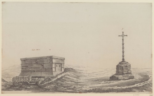 Drawing records a tomb and cross structure from the Cemetery of the Innocents in Paris, presenting funerary architectural forms and memorial composition associated with burial spaces in the historic c...