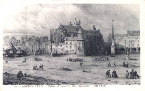 Press photograph reproduces Ancien Paris view of the Church of the Saints-Innocents and the Cemetery of the Innocents in Paris, presenting the former burial site and church complex as part of historic...