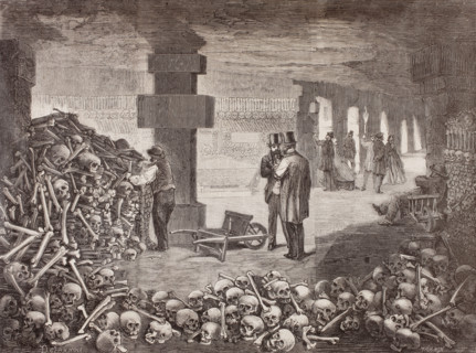 The Catacombs of Paris or Catacombes de Paris, Paris, France in the mid 19th century.