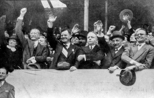 Front populaire, from left Ms. Blum, lèon blum, maurice thorez, roger salengro, maurice viollette, pierre cot, France, July 14, 1936